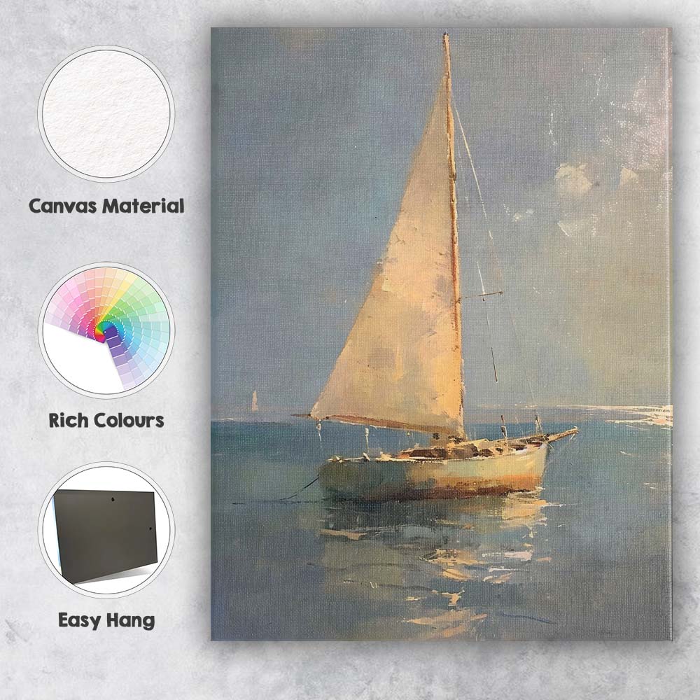 Elegant White Sailboat Calm Sea Coastal Painting Canvas Wall Art Print Decor Picture Ready to Hang