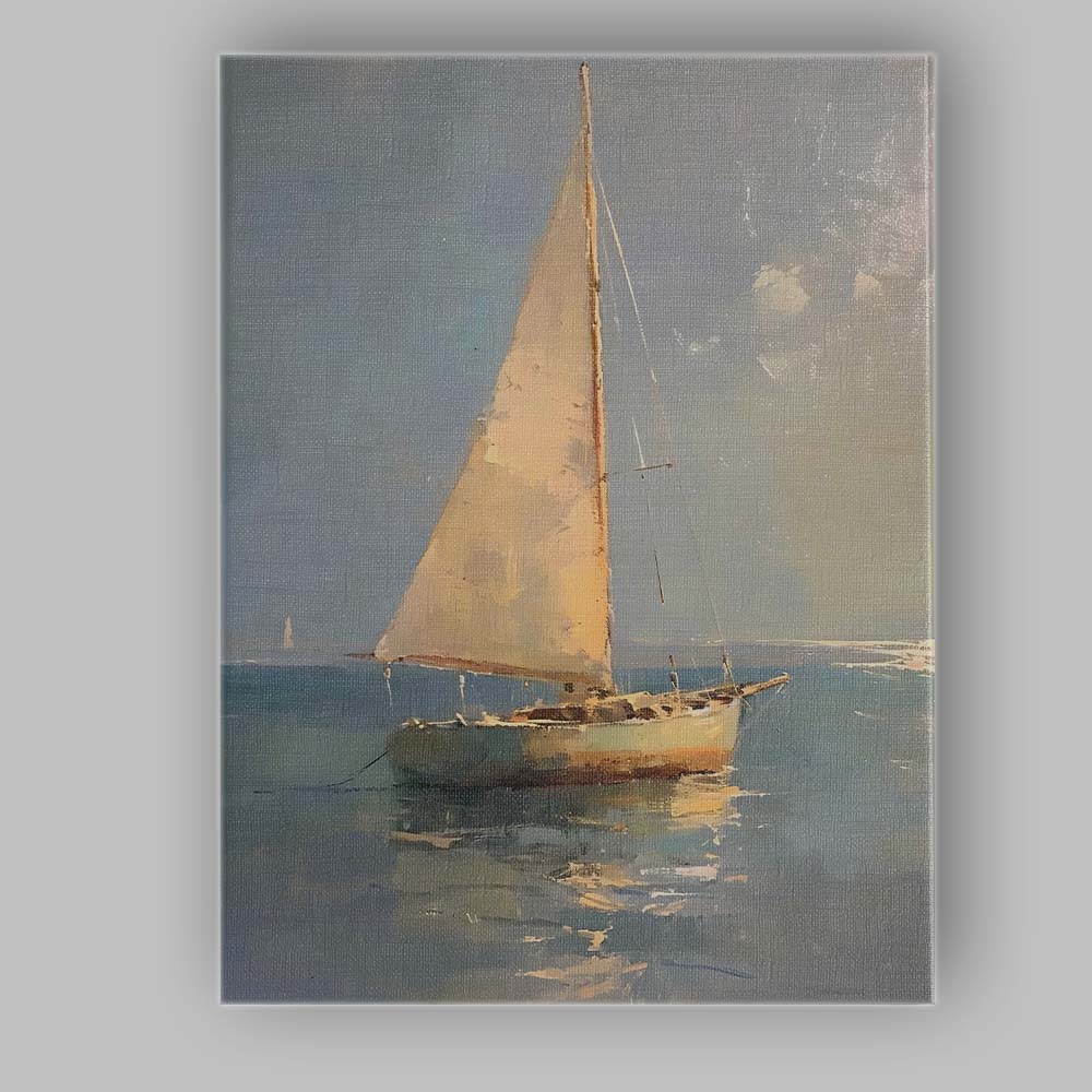 Elegant White Sailboat Calm Sea Coastal Painting Canvas Wall Art Print Decor Picture Ready to Hang