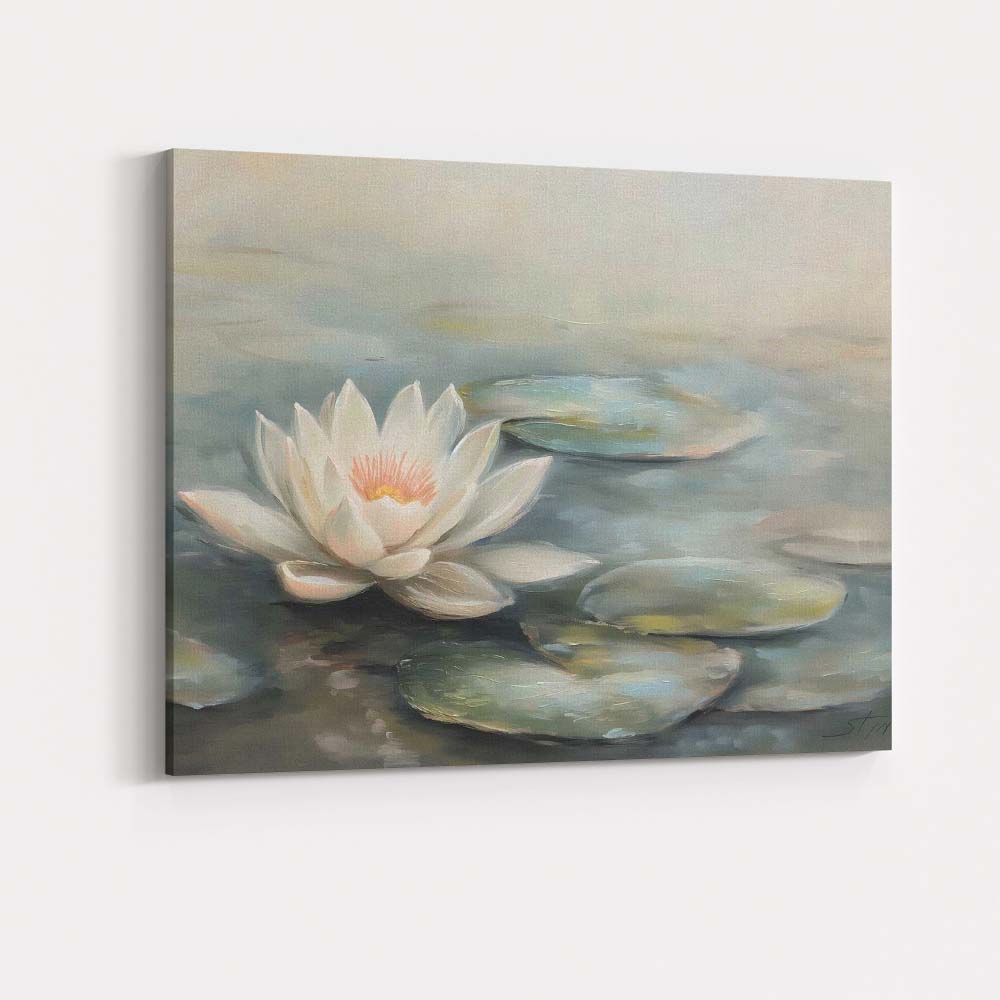 Serene White Water Lily Pond Botanical Floral Canvas Wall Art Print Decor Picture Ready to Hang