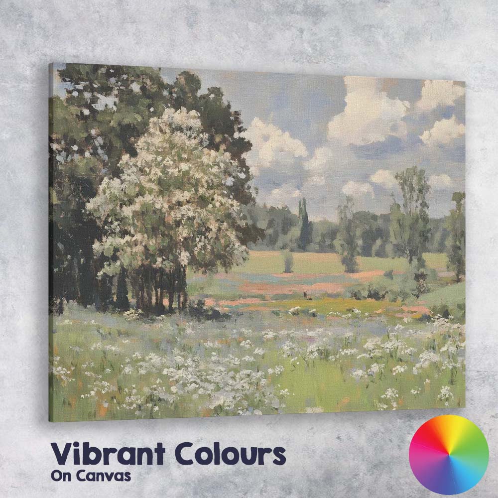 Blooming Spring Meadow White Blossom Trees Landscape Canvas Wall Art Print Decor Picture Ready to Hang
