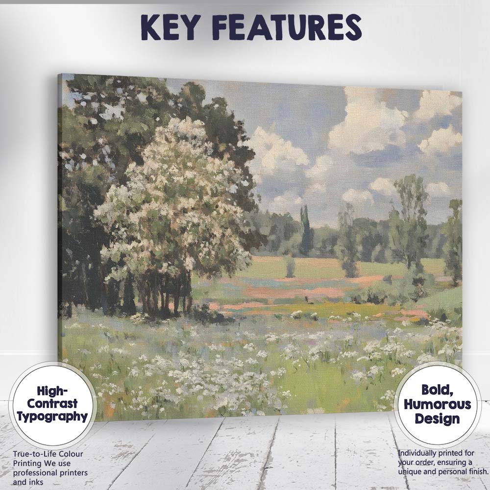 Blooming Spring Meadow White Blossom Trees Landscape Canvas Wall Art Print Decor Picture Ready to Hang