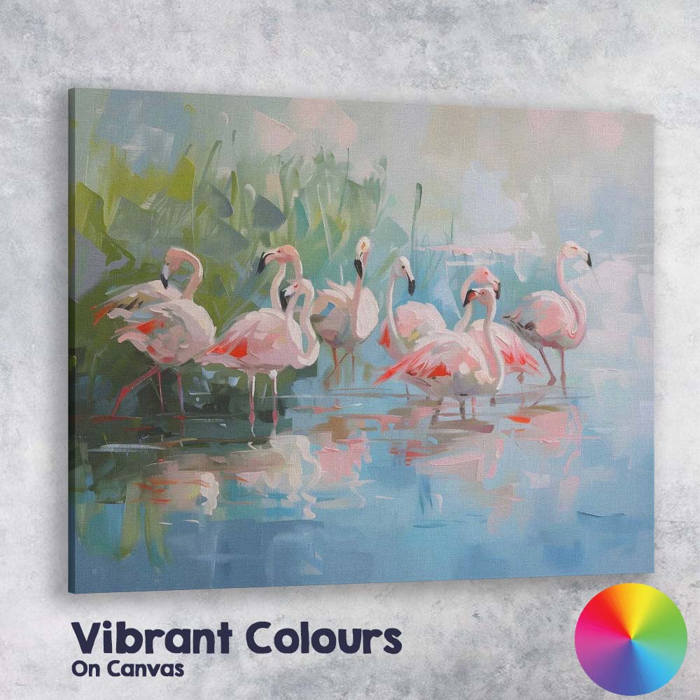 Contemporary Pink Flamingo Flock Waterside Wildlife Abstract Painting Canvas Wall Art Print Decor Picture Ready to Hang