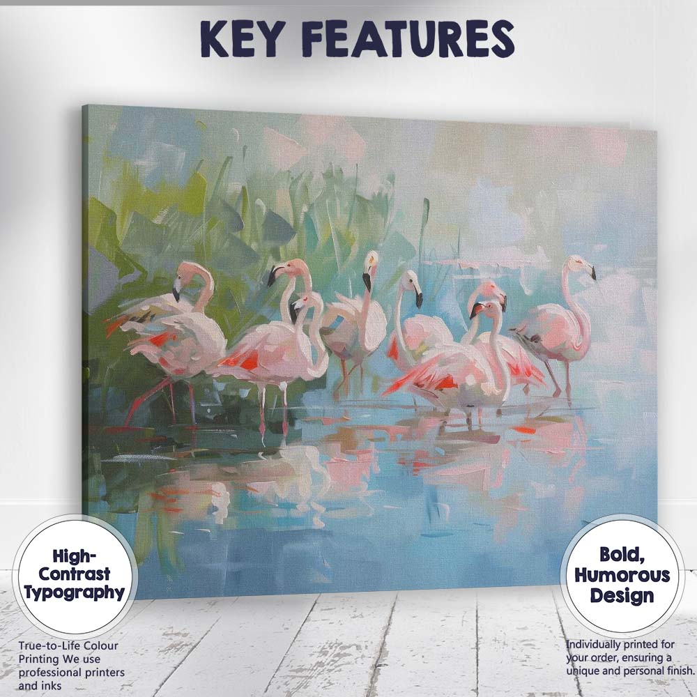 Contemporary Pink Flamingo Flock Waterside Wildlife Abstract Painting Canvas Wall Art Print Decor Picture Ready to Hang