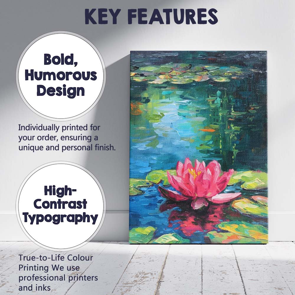 Vibrant Pink Water Lily Pond Botanical Reflection Painting Canvas Wall Art Print Decor Picture Ready to Hang