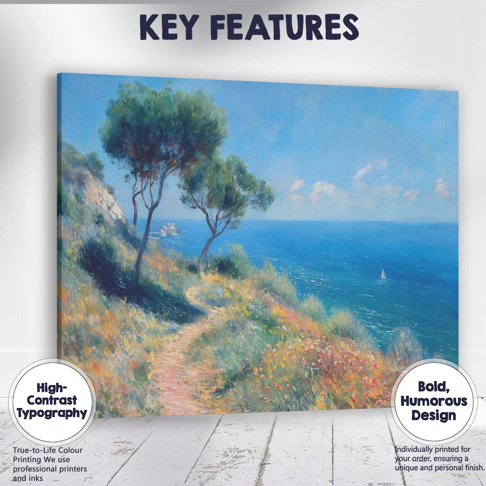 Sunny Coastal Cliff Wildflower Path Seascape Impressionist Canvas Wall Art Print Decor Picture Ready to Hang
