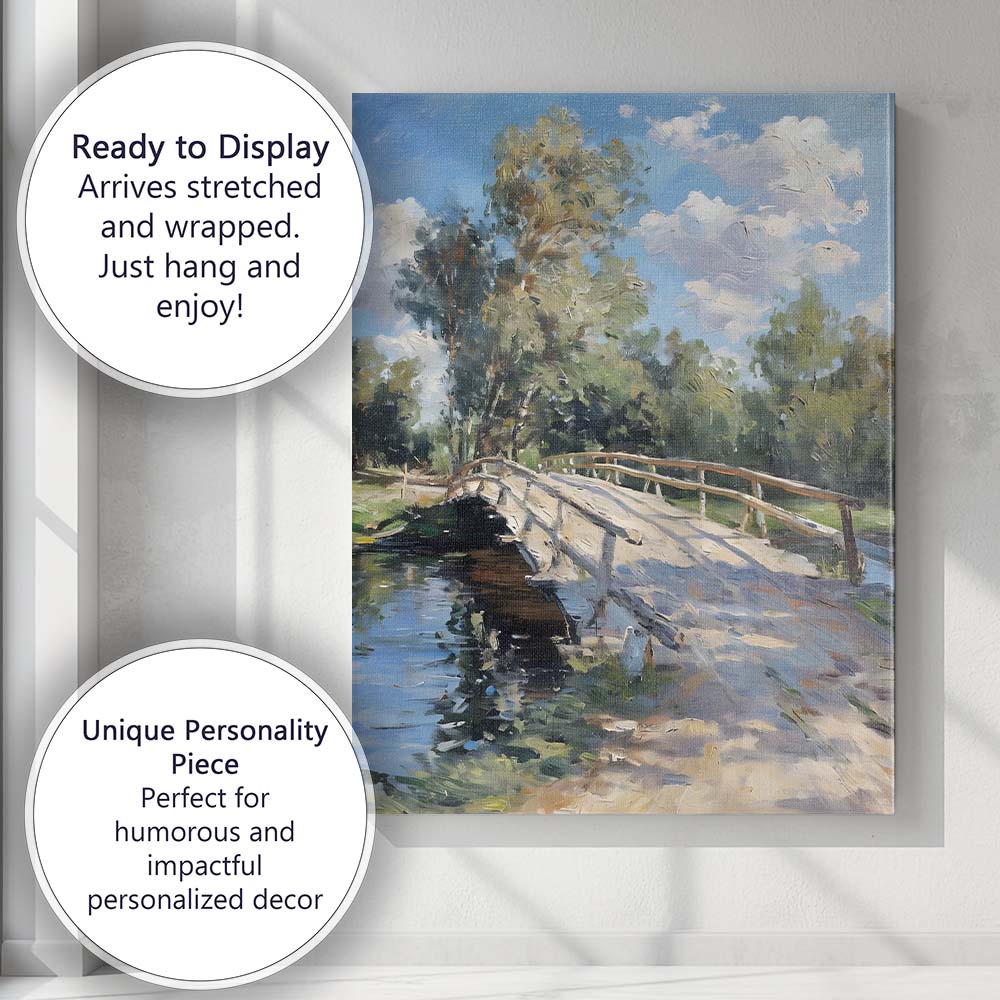 Rustic Wooden Footbridge Woodland Stream Impressionist Landscape Canvas Wall Art Print Decor Picture Ready to Hang