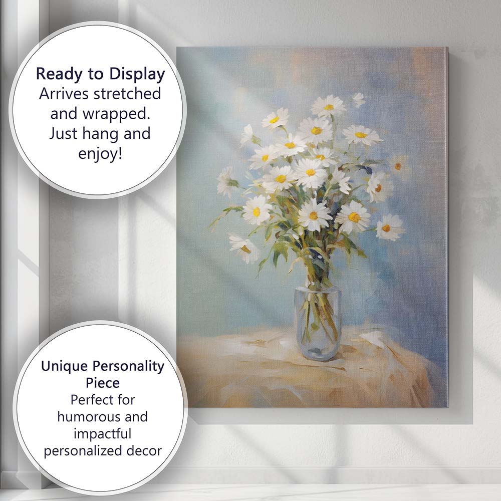White Daisy Bouquet Glass Vase Soft Floral Still Life Canvas Wall Art Print Decor Picture Ready to Hang