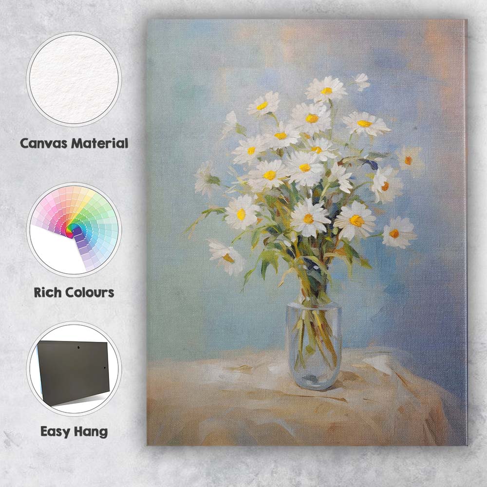 White Daisy Bouquet Glass Vase Soft Floral Still Life Canvas Wall Art Print Decor Picture Ready to Hang