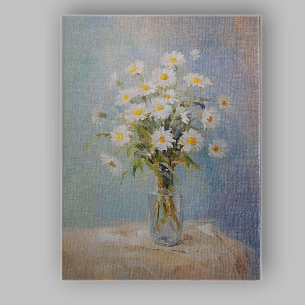 White Daisy Bouquet Glass Vase Soft Floral Still Life Canvas Wall Art Print Decor Picture Ready to Hang