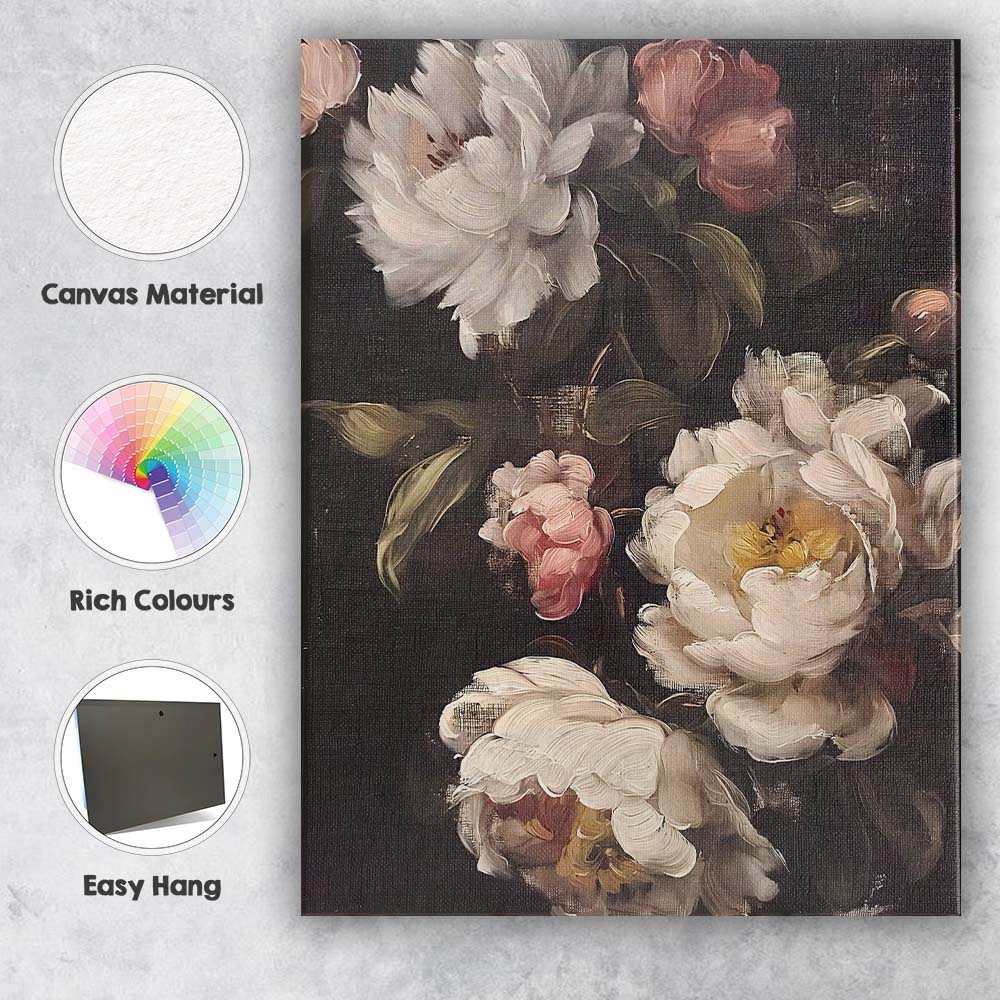Dark Romantic White Peony Floral Still Life Canvas Wall Art Print Decor Picture Ready to Hang