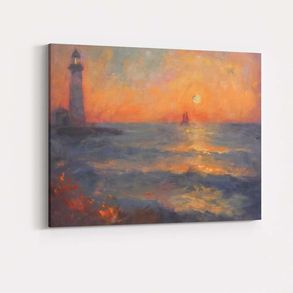 Impressionist Lighthouse Sunset Ocean Seascape Canvas Wall Art Print Decor Picture Ready to Hang