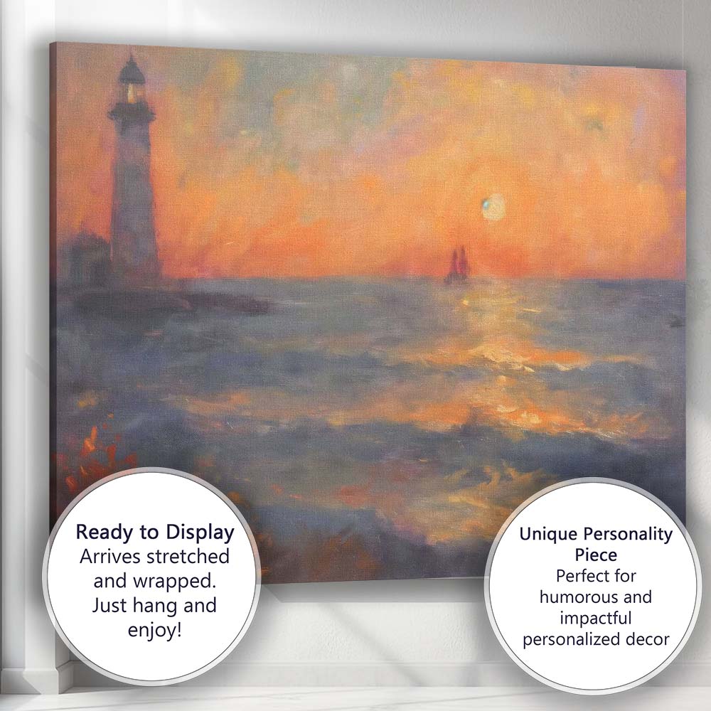 Impressionist Lighthouse Sunset Ocean Seascape Canvas Wall Art Print Decor Picture Ready to Hang