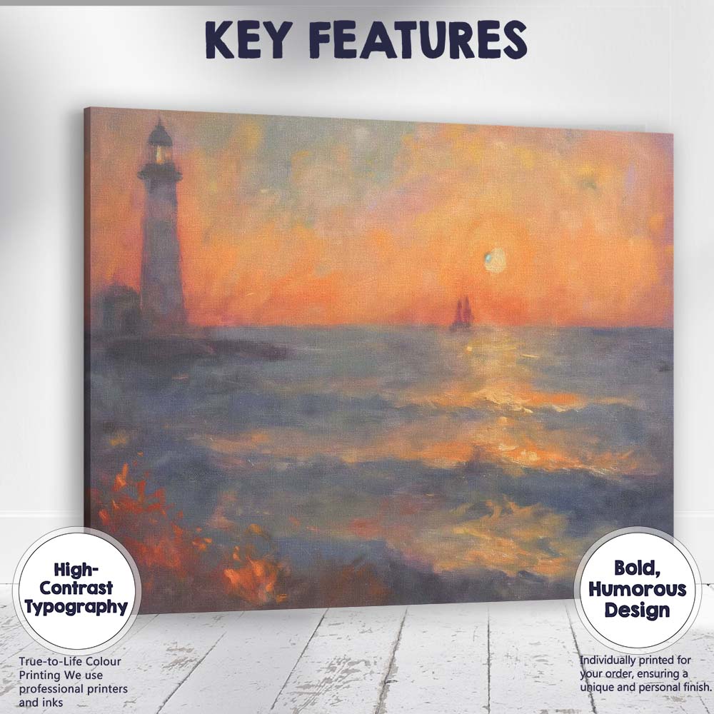 Impressionist Lighthouse Sunset Ocean Seascape Canvas Wall Art Print Decor Picture Ready to Hang
