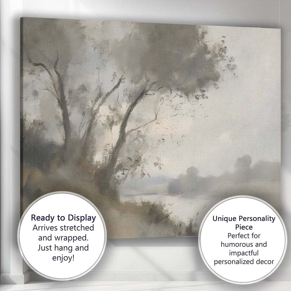 Soft Misty Riverside Trees Neutral Landscape Painting Canvas Wall Art Print Decor Picture Ready to Hang