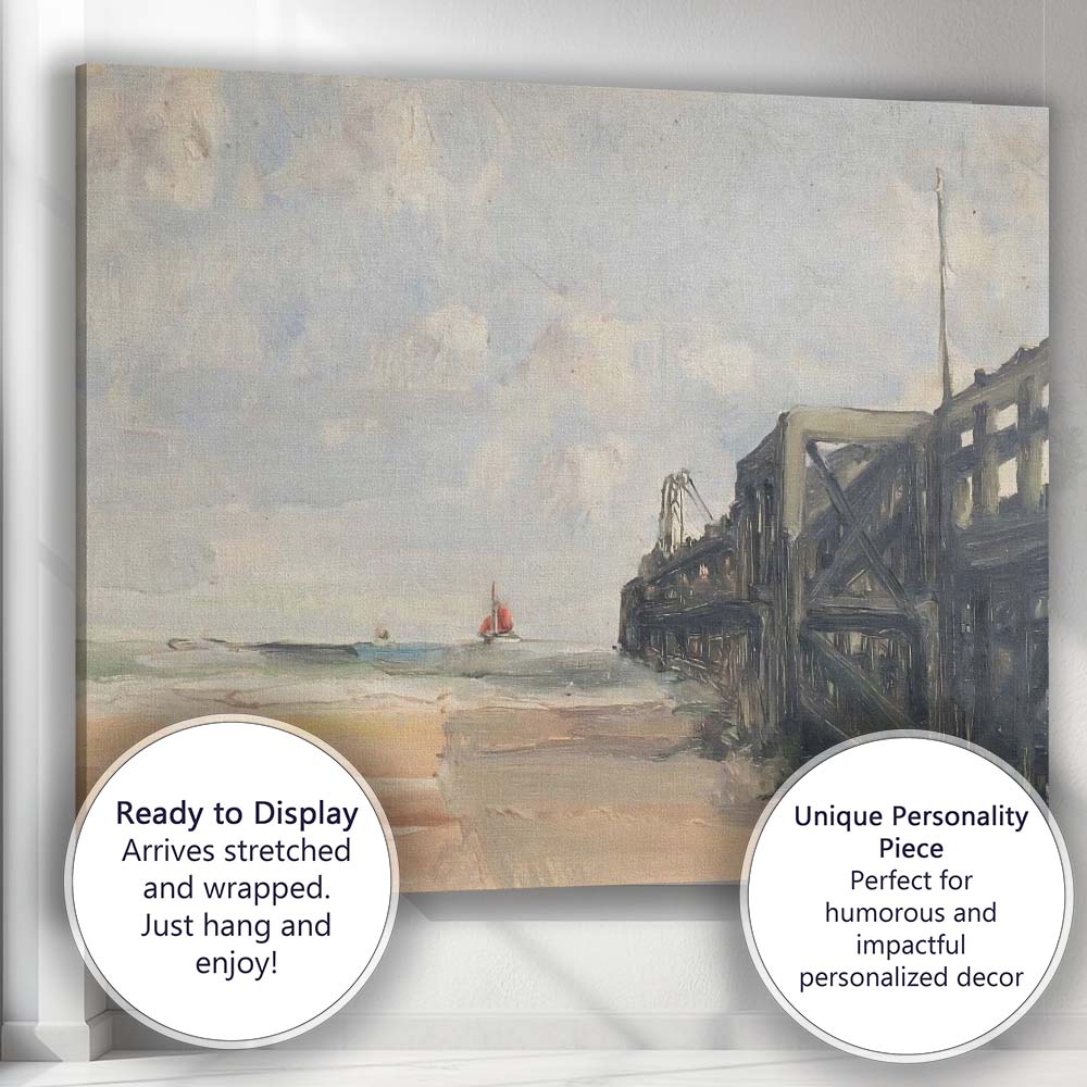 Impressionist Coastal Pier Red Sailboat Beach Seascape Painting Canvas Wall Art Print Decor Picture Ready to Hang