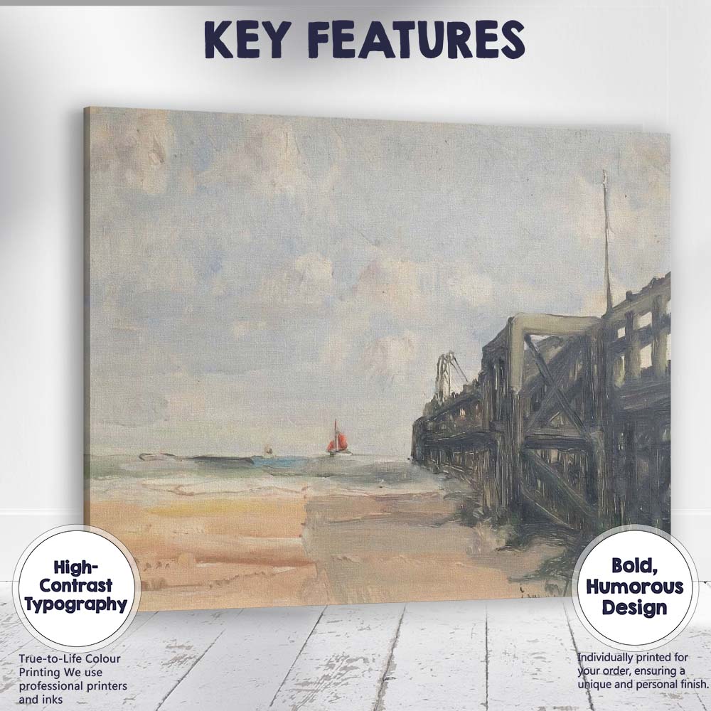 Impressionist Coastal Pier Red Sailboat Beach Seascape Painting Canvas Wall Art Print Decor Picture Ready to Hang