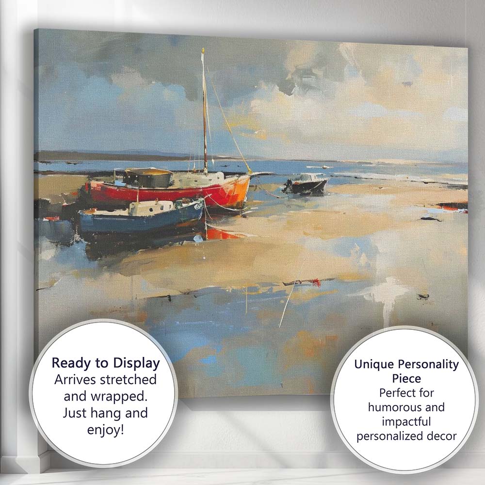 Colourful Harbour Fishing Boats Coastal Waterscape Painting Canvas Wall Art Print Decor Picture Ready to Hang