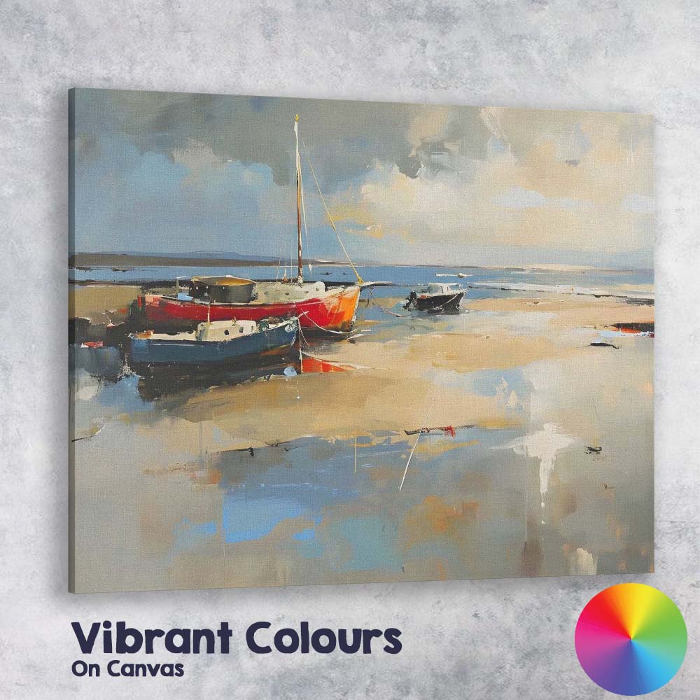Colourful Harbour Fishing Boats Coastal Waterscape Painting Canvas Wall Art Print Decor Picture Ready to Hang