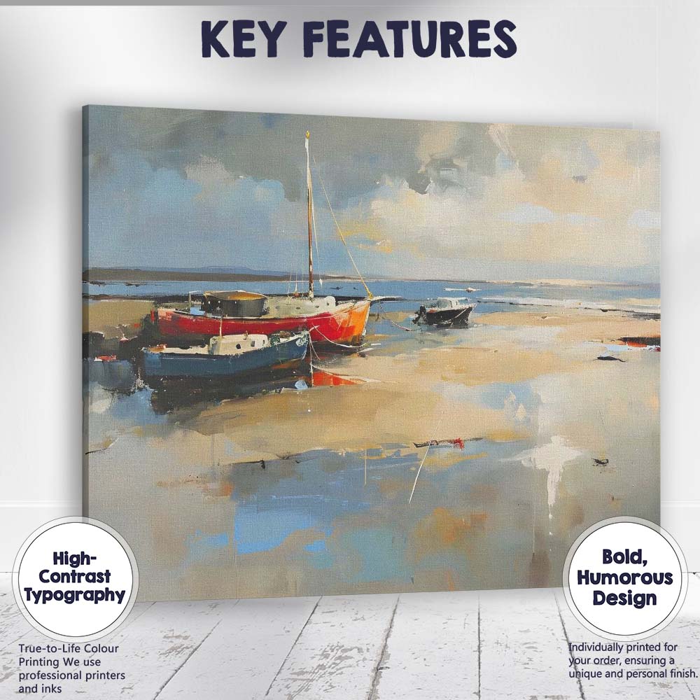 Colourful Harbour Fishing Boats Coastal Waterscape Painting Canvas Wall Art Print Decor Picture Ready to Hang