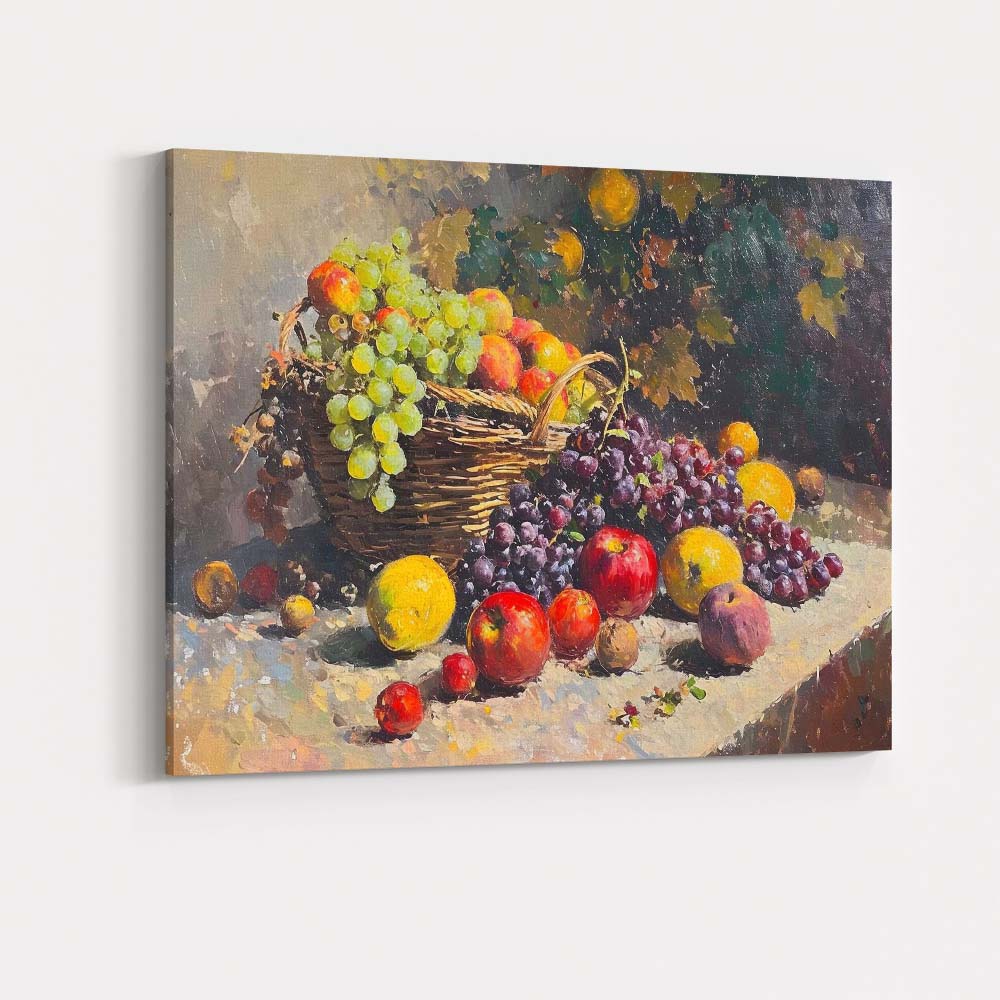 Traditional Fruit Basket Grapes and Apples Still Life Canvas Wall Art Print Decor Picture Ready to Hang