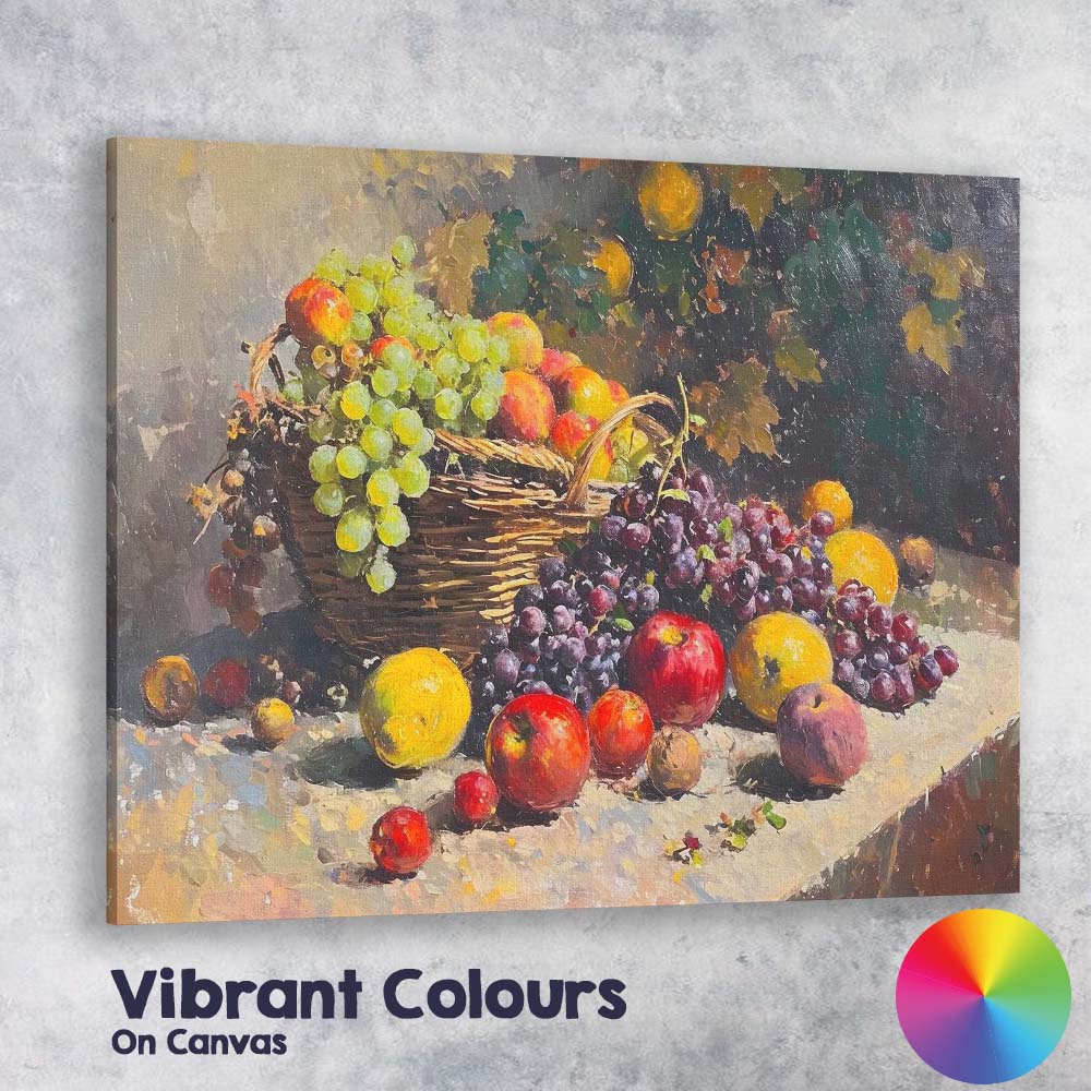 Traditional Fruit Basket Grapes and Apples Still Life Canvas Wall Art Print Decor Picture Ready to Hang