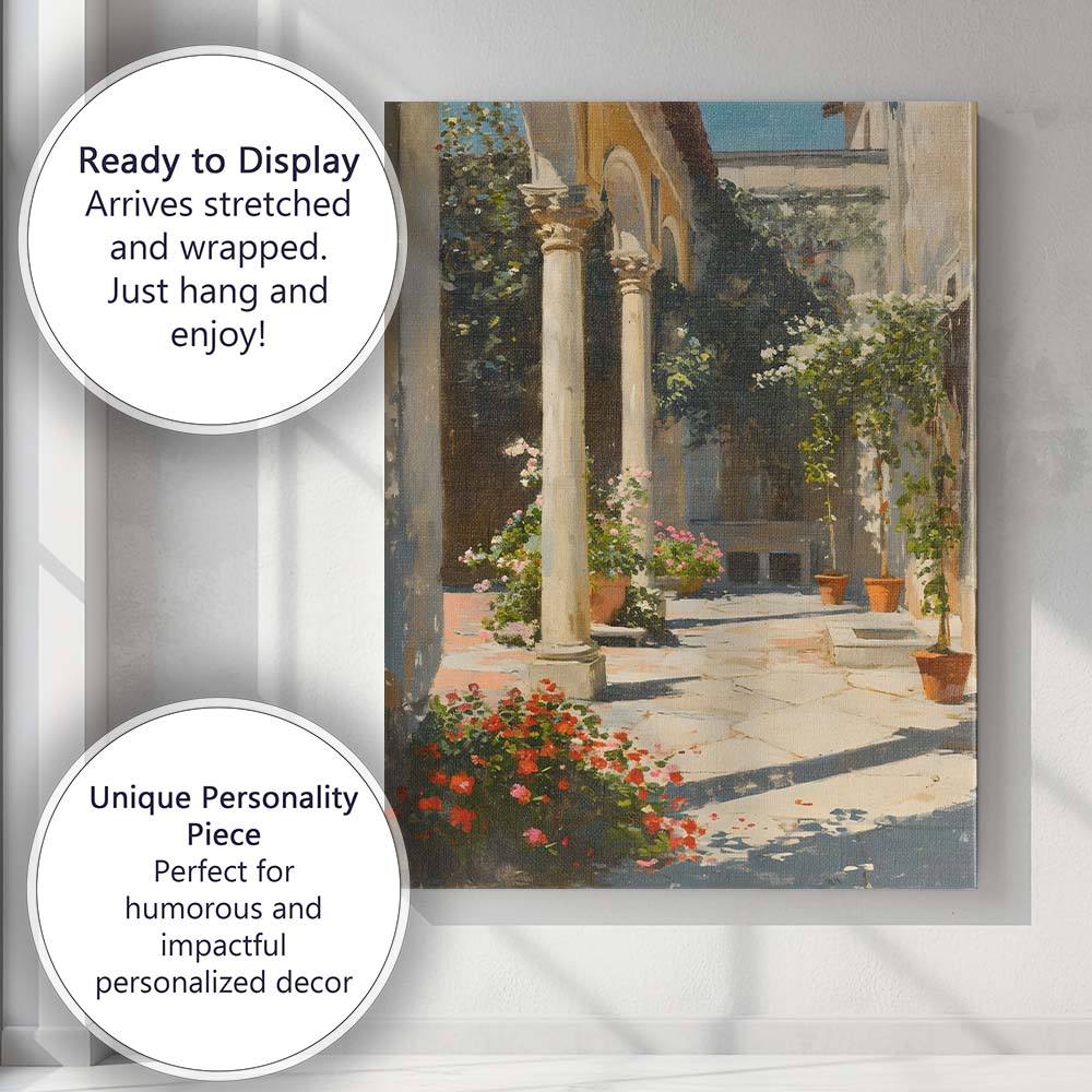 Sunlit Mediterranean Courtyard Garden Architectural Painting Canvas Wall Art Print Decor Picture Ready to Hang