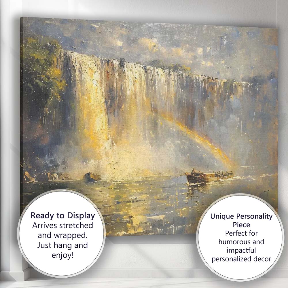 Golden Waterfall River Boat Landscape Painting Canvas Wall Art Print Decor Picture Ready to Hang