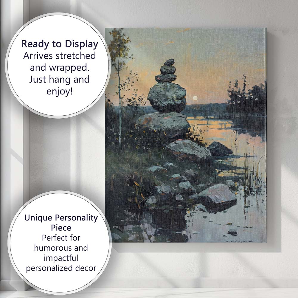 Peaceful Balanced Stone Cairn Lakeside Sunset Landscape Canvas Wall Art Print Decor Picture Ready to Hang