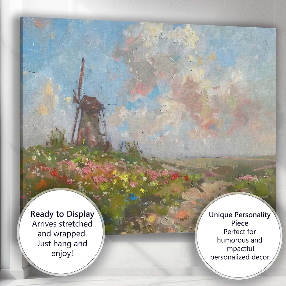 Impressionist Coastal Windmill Wildflower Meadow Landscape Canvas Wall Art Print Decor Picture Ready to Hang