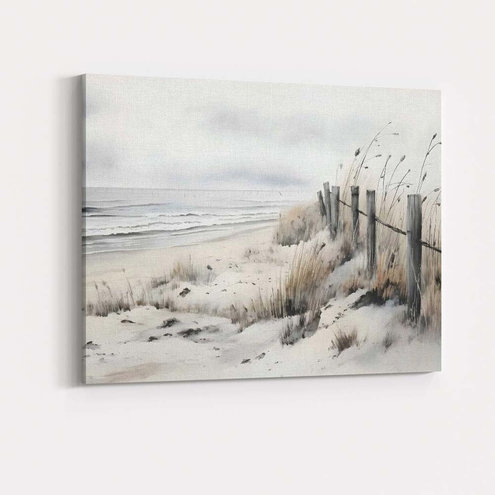 Monochrome Coastal Sand Dunes Beach Fence Landscape Canvas Wall Art Print Decor Picture Ready to Hang