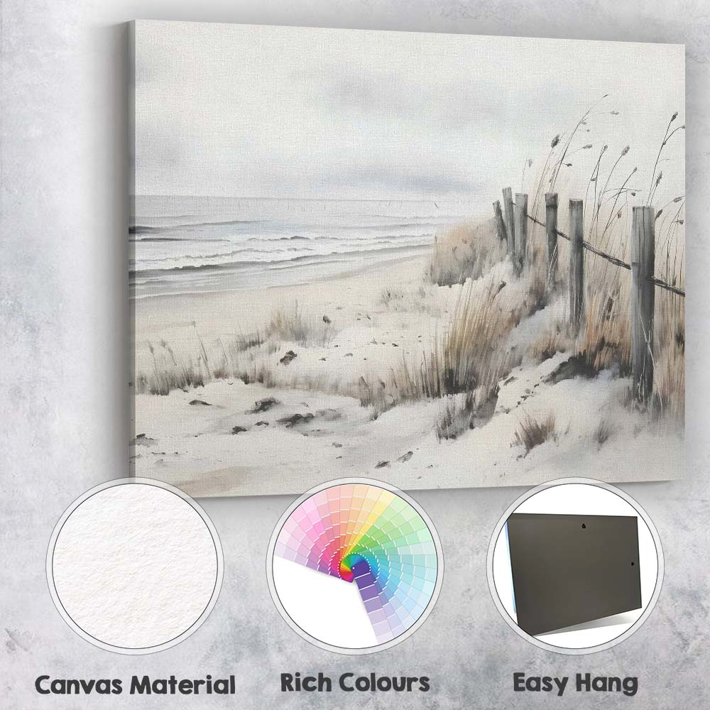 Monochrome Coastal Sand Dunes Beach Fence Landscape Canvas Wall Art Print Decor Picture Ready to Hang
