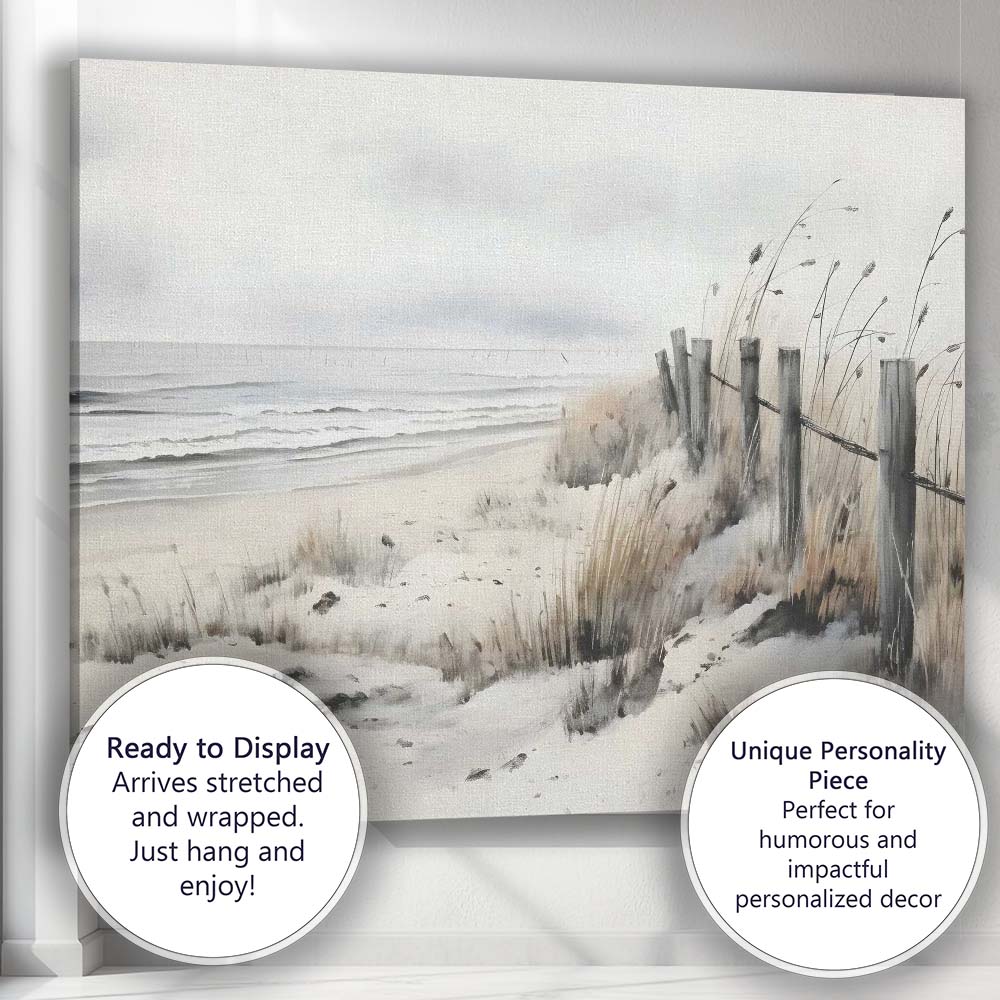 Monochrome Coastal Sand Dunes Beach Fence Landscape Canvas Wall Art Print Decor Picture Ready to Hang
