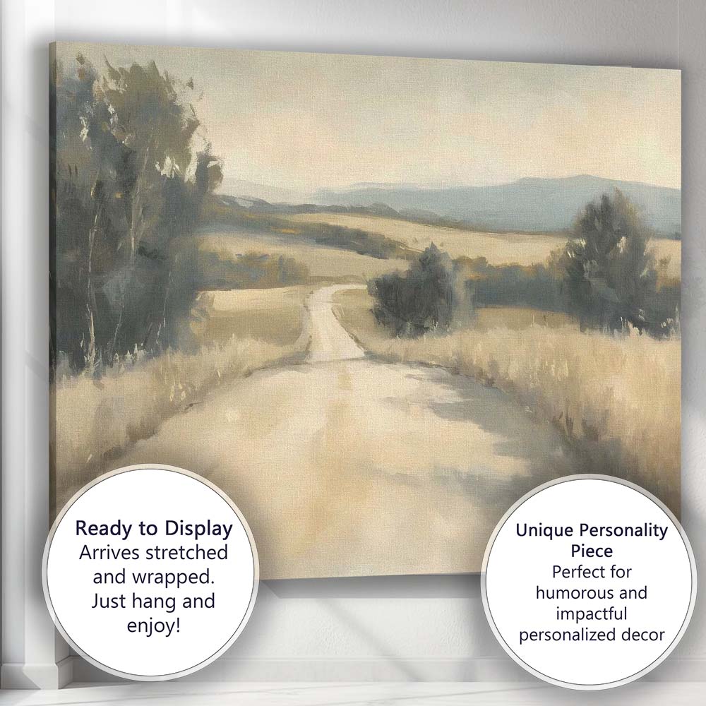 Soft Neutral Country Road Rolling Hills Landscape Canvas Wall Art Print Decor Picture Ready to Hang