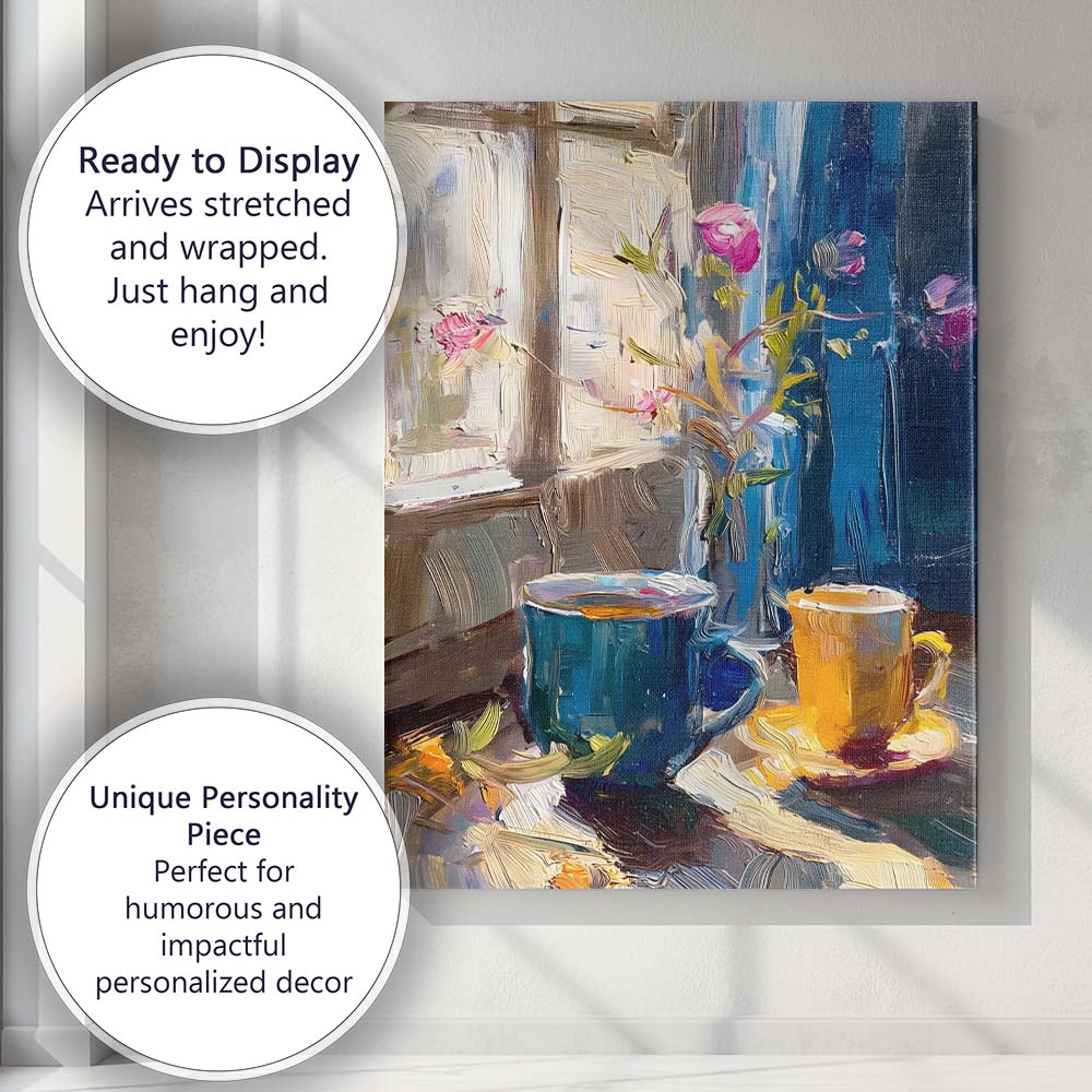 Expressive Blue Coffee Cups Pink Floral Window Still Life Canvas Wall Art Print Decor Picture Ready to Hang