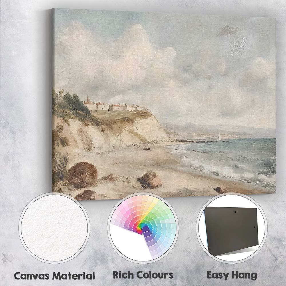 Coastal Cliff Village Beach Seascape Landscape Painting Canvas Wall Art Print Decor Picture Ready to Hang