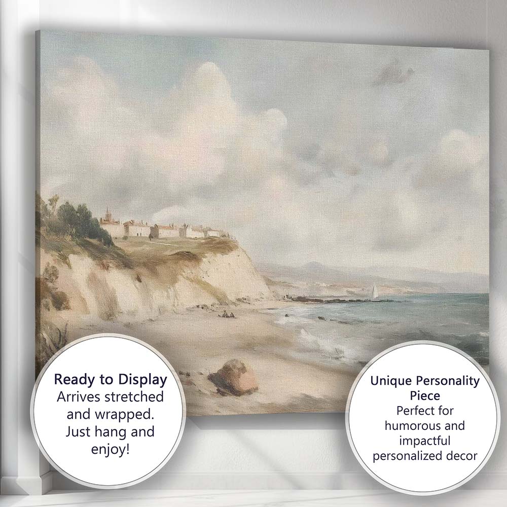 Coastal Cliff Village Beach Seascape Landscape Painting Canvas Wall Art Print Decor Picture Ready to Hang