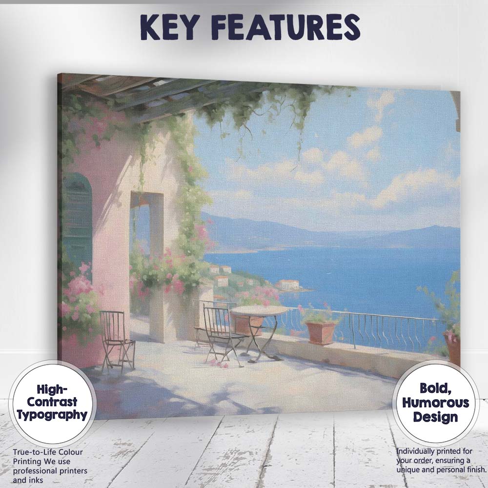 Mediterranean Sea View Terrace Coastal Balcony Landscape Canvas Wall Art Print Decor Picture Ready to Hang