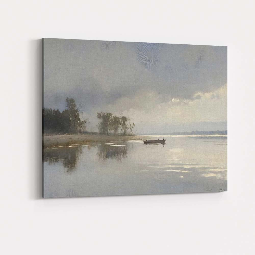 Minimalist Misty Lake Fishing Boat Calm Landscape Canvas Wall Art Print Decor Picture Ready to Hang