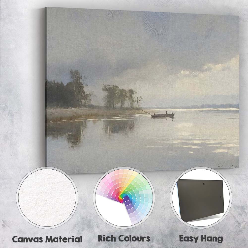 Minimalist Misty Lake Fishing Boat Calm Landscape Canvas Wall Art Print Decor Picture Ready to Hang