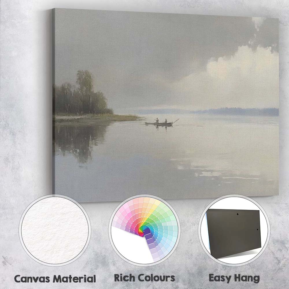 Peaceful Misty River Fishing Boat Landscape Canvas Wall Art Print Decor Picture Ready to Hang