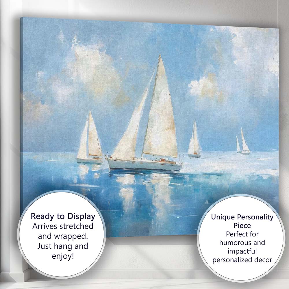 Minimalist White Sailboats Calm Blue Sea Impressionist Coastal Painting Canvas Wall Art Print Decor Picture Ready to Hang
