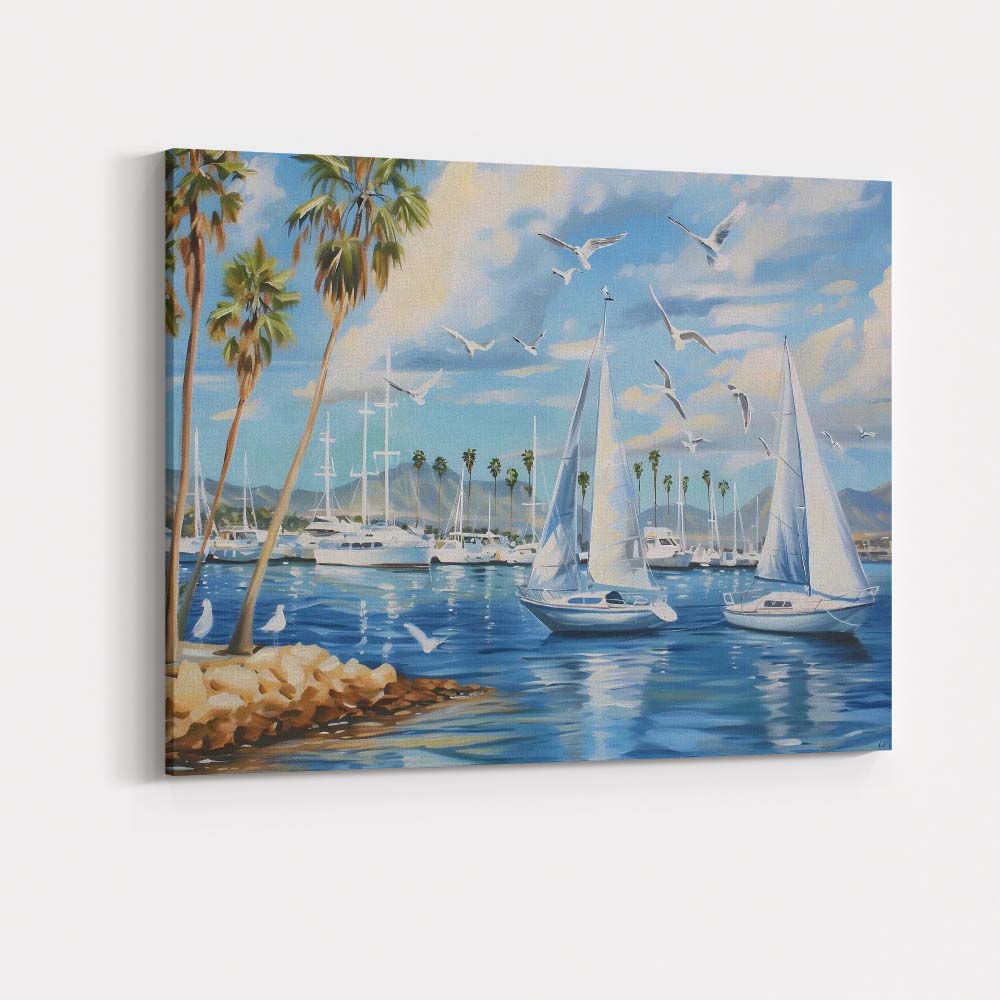 Sunny Marina Sailboats Palm Trees Seagulls Coastal Harbour Painting Canvas Wall Art Print Decor Picture Ready to Hang