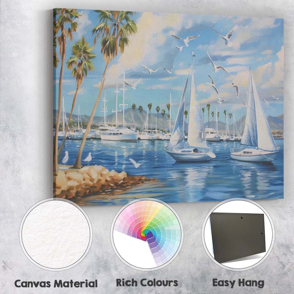 Sunny Marina Sailboats Palm Trees Seagulls Coastal Harbour Painting Canvas Wall Art Print Decor Picture Ready to Hang