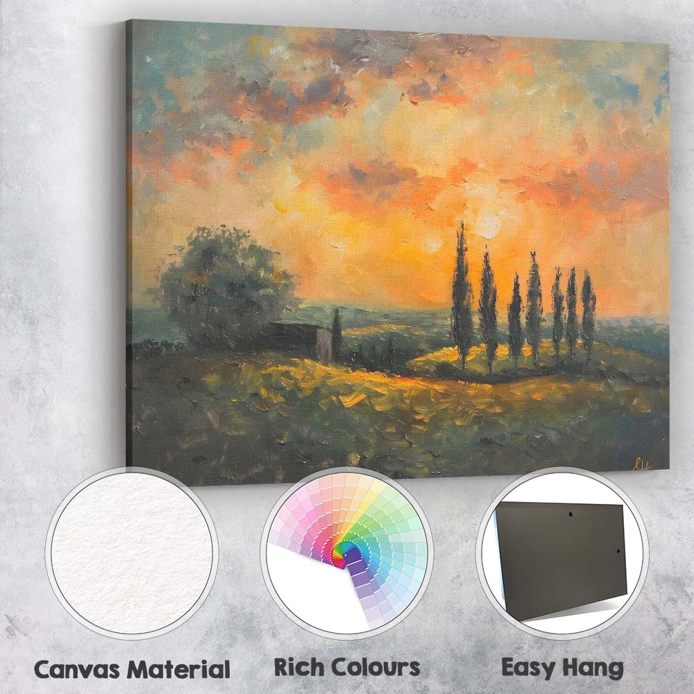 Golden Sunset Cypress Trees Rustic Countryside Impressionist Landscape Canvas Wall Art Print Decor Picture Ready to Hang