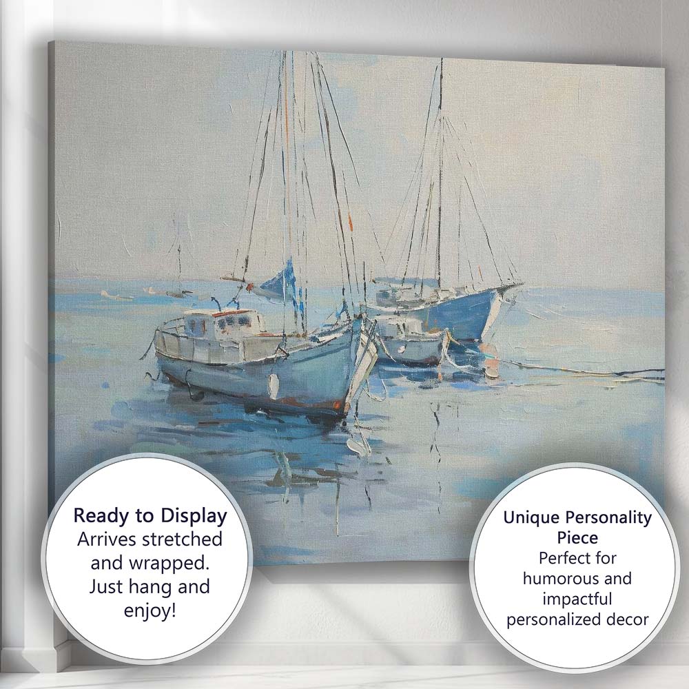 Peaceful Blue Fishing Boats Calm Harbour Coastal Painting Canvas Wall Art Print Decor Picture Ready to Hang