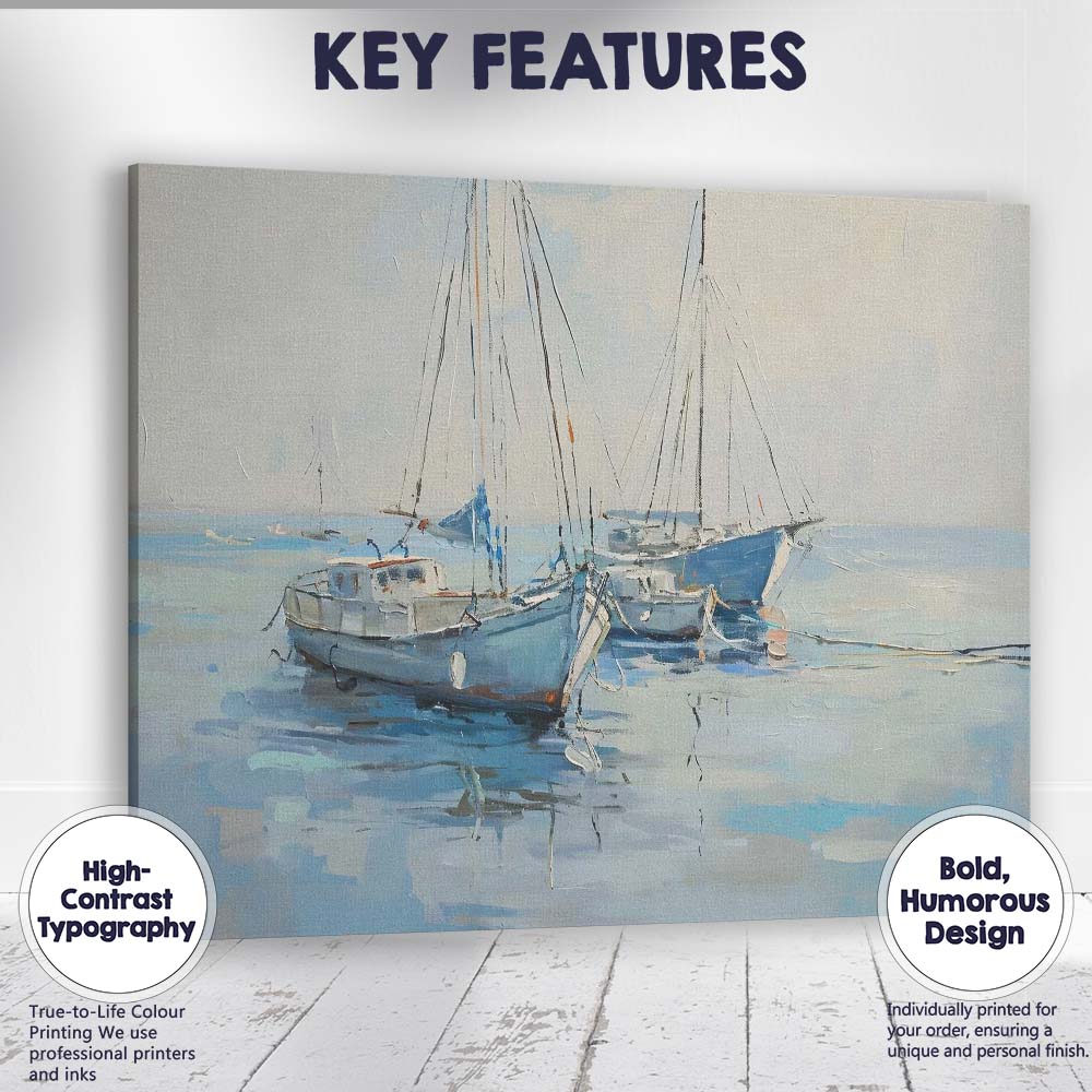Peaceful Blue Fishing Boats Calm Harbour Coastal Painting Canvas Wall Art Print Decor Picture Ready to Hang