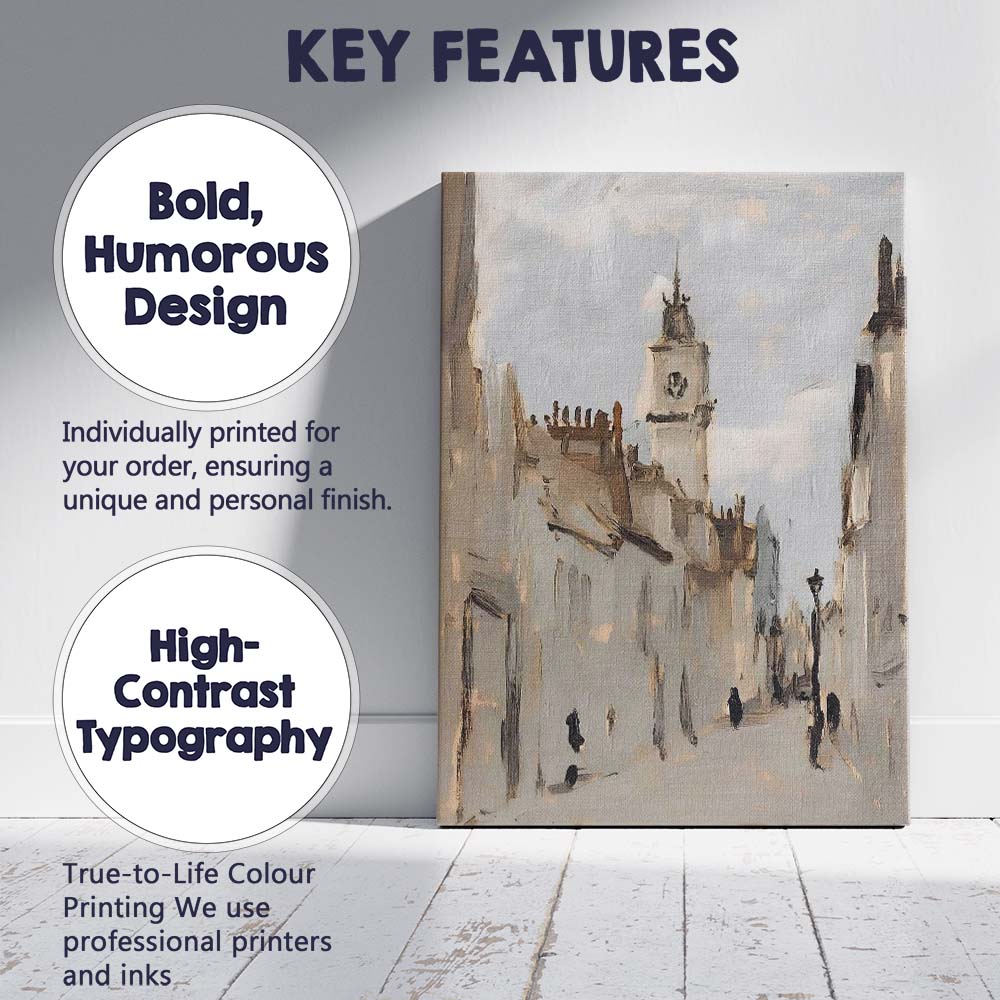 Historic European Old Town Street Church Tower Painting Canvas Wall Art Print Decor Picture Ready to Hang