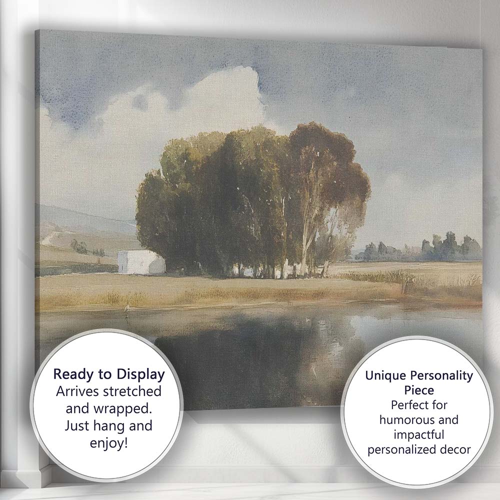 Peaceful Lakeside Trees Reflections Countryside Landscape Painting Canvas Wall Art Print Decor Picture Ready to Hang