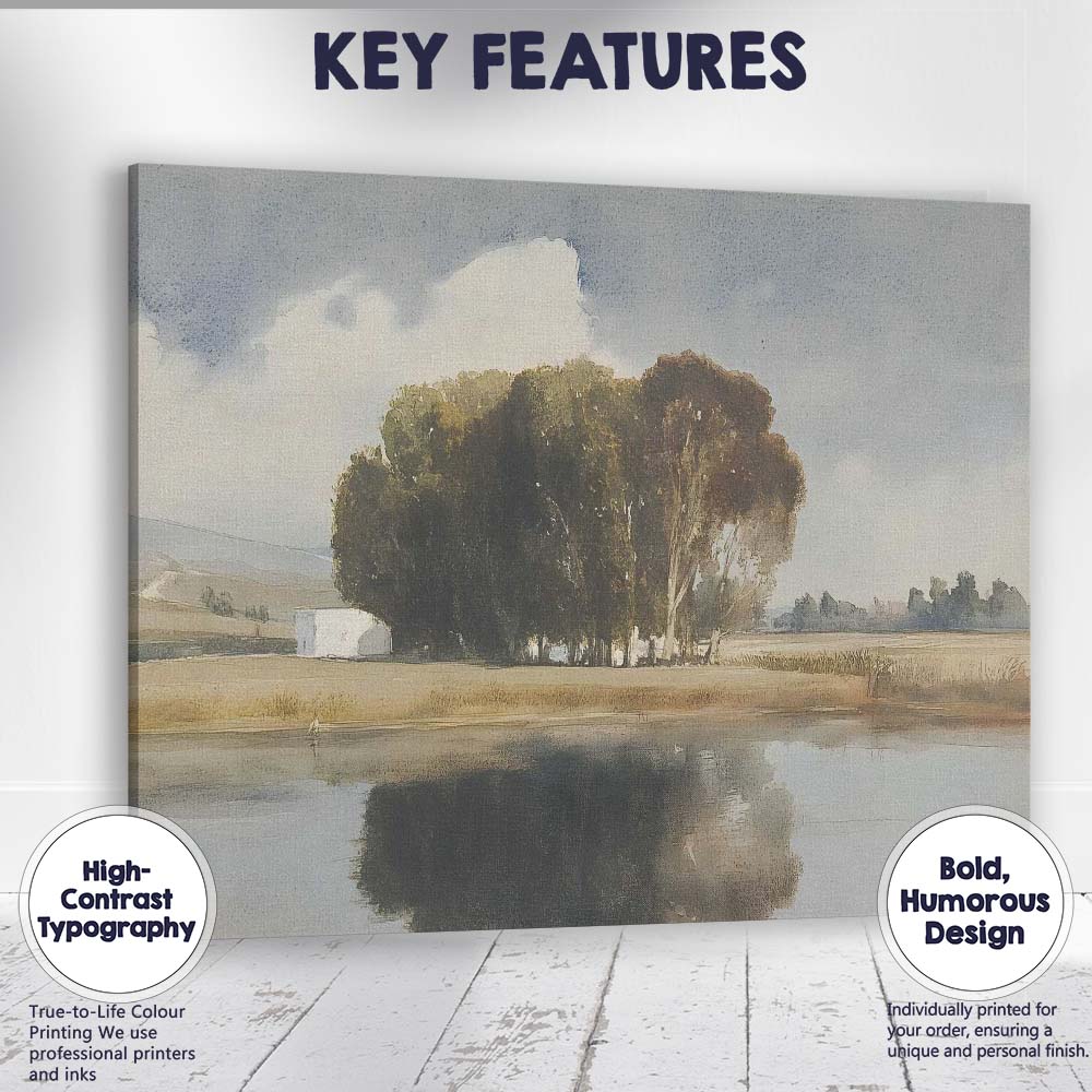 Peaceful Lakeside Trees Reflections Countryside Landscape Painting Canvas Wall Art Print Decor Picture Ready to Hang