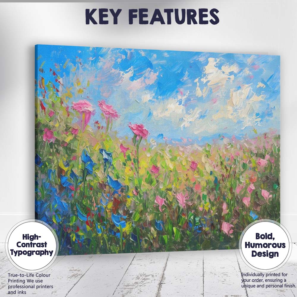Colourful Wildflower Meadow Bright Blue Sky Impressionist Floral Landscape Canvas Wall Art Print Decor Picture Ready to Hang